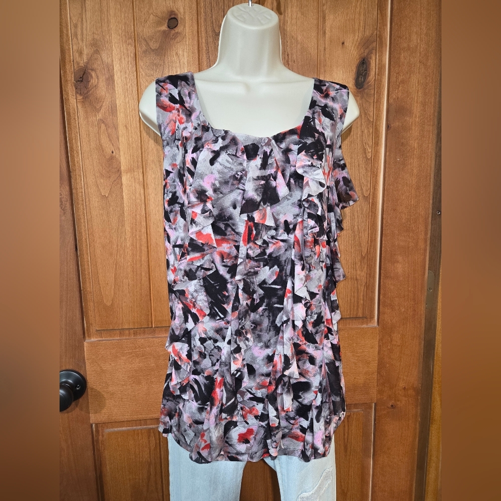 Relativity Abstract Ruffle Blouse‎ - Black, Pink, Gray